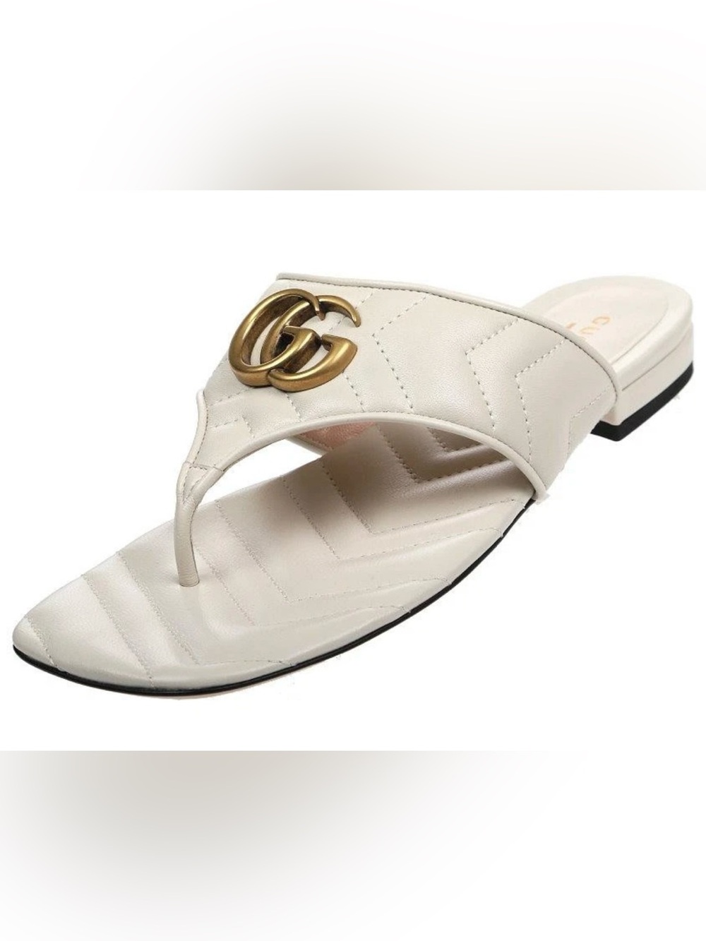 NEW GUCCI WHITE MATELASSE LEATHER DOUBLE G LOGO THONG SANDALS SHOES 36.5